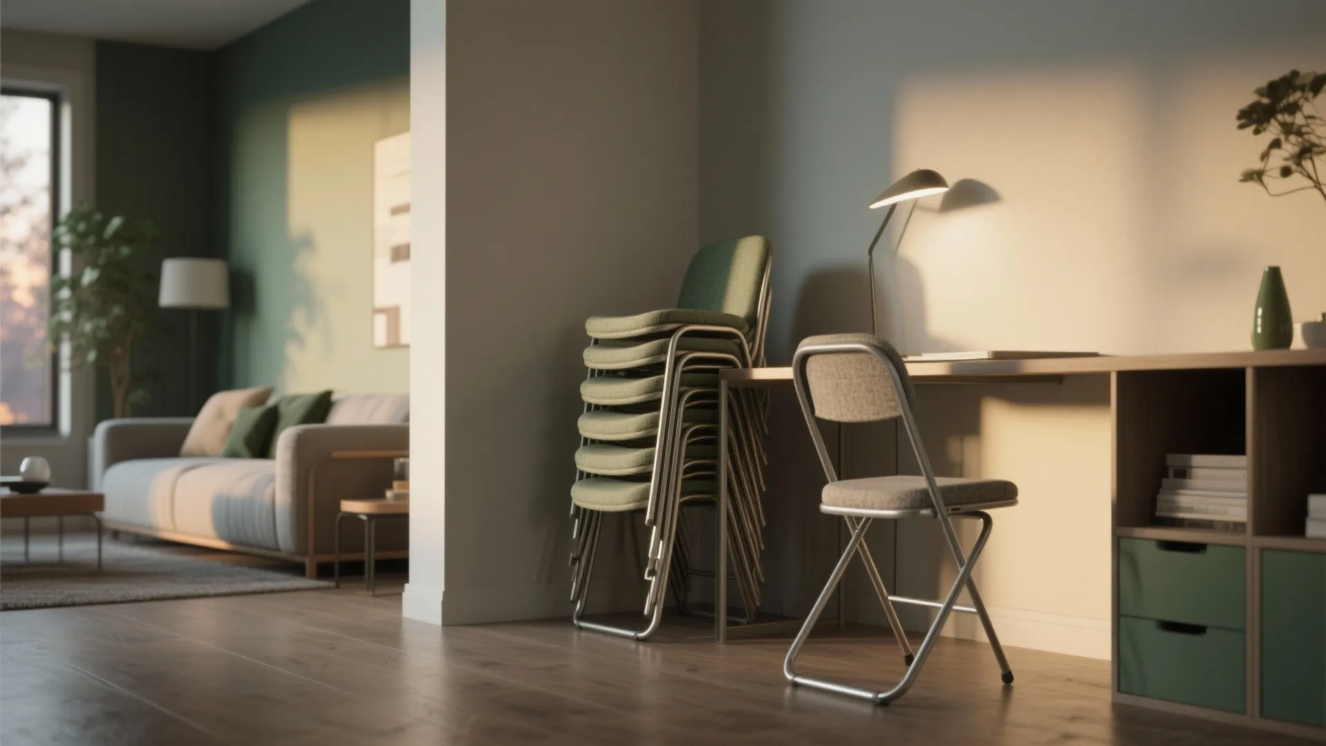 Home office with green stacked chairs a small wooden desk table lamp and living room