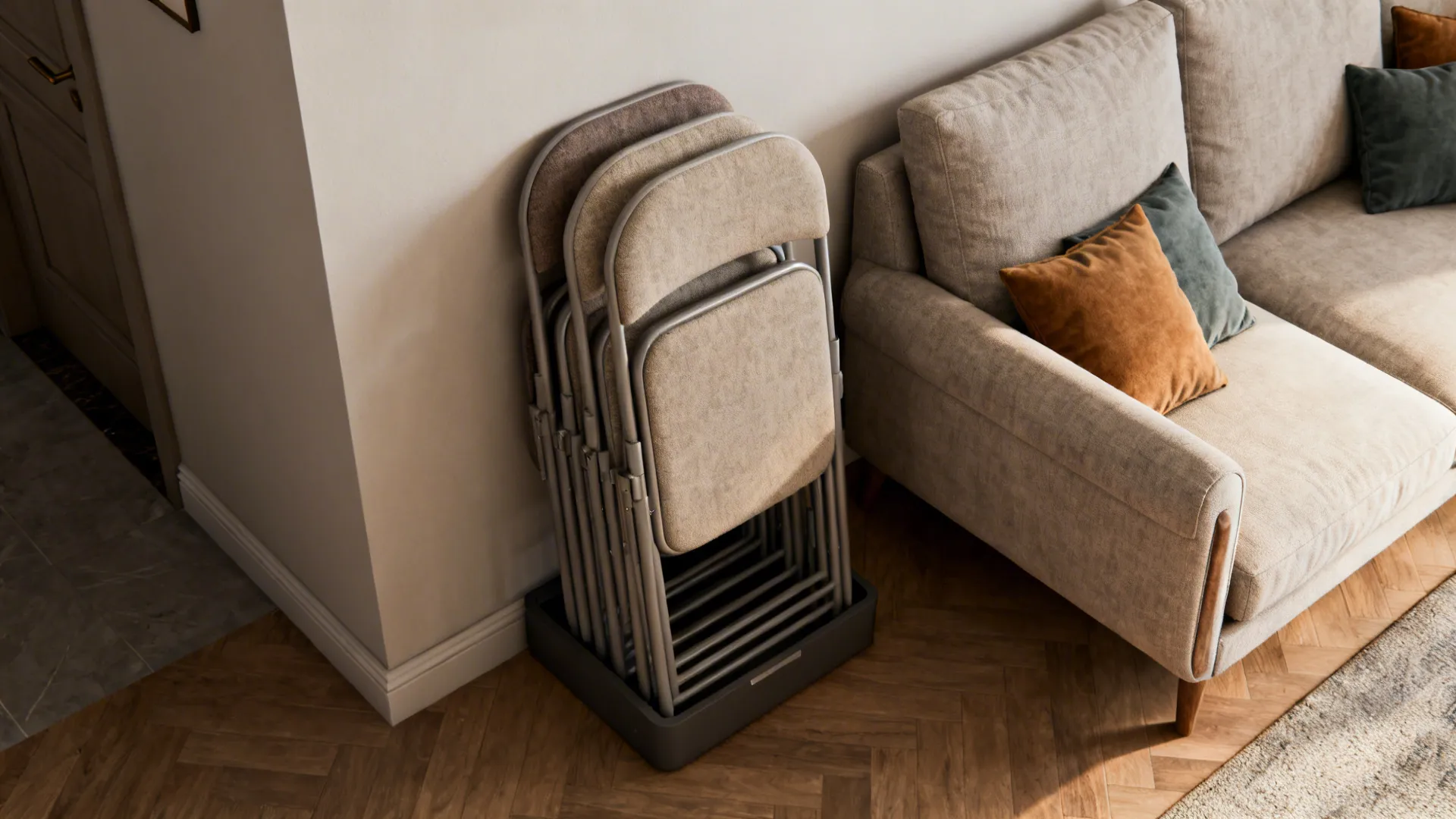 Folded upholstered stackable and folding armchairs stored compactly in a small living room.