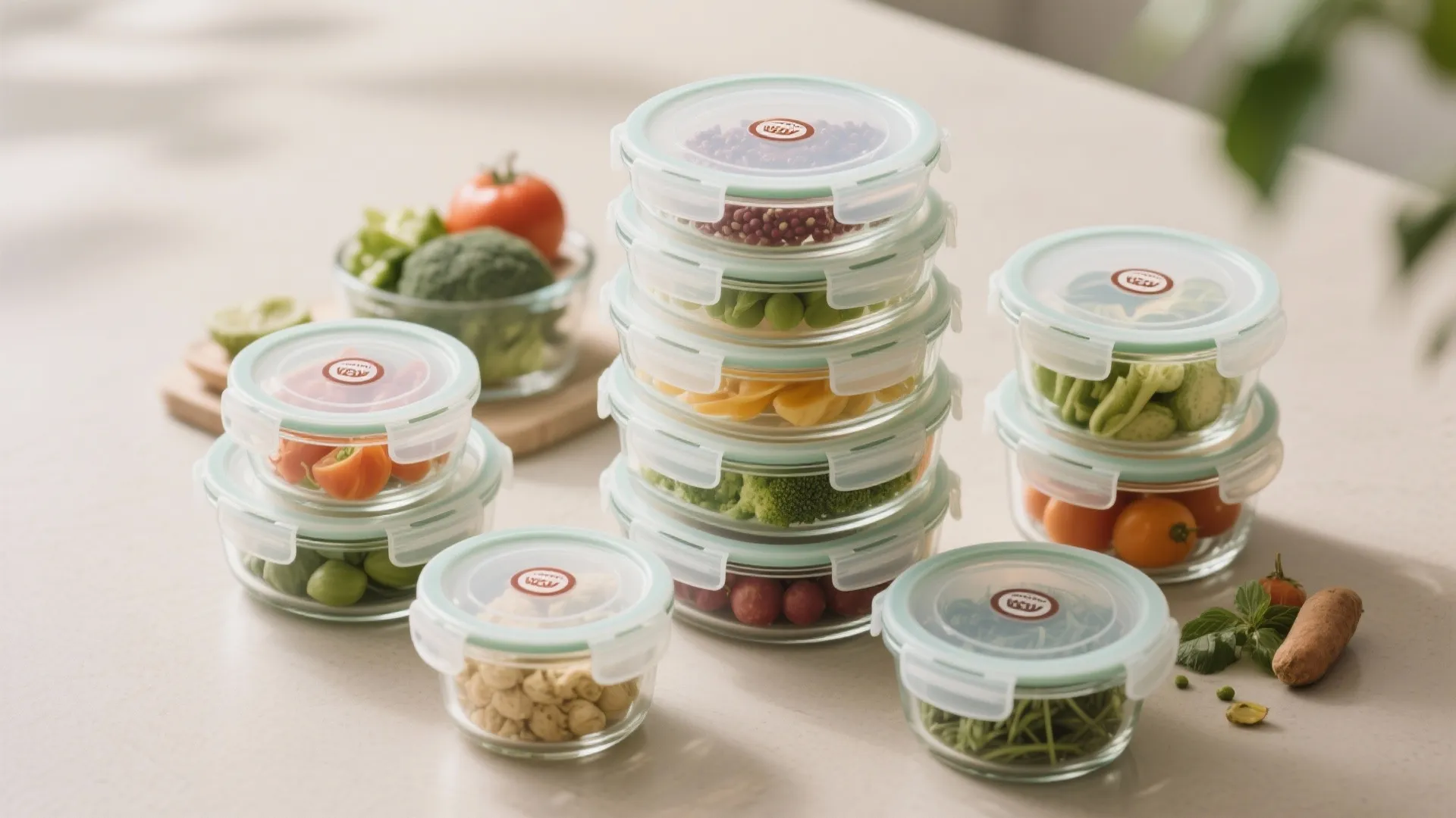 Stacked clear glass food containers with light green lids filled with fresh vegetables and snacks