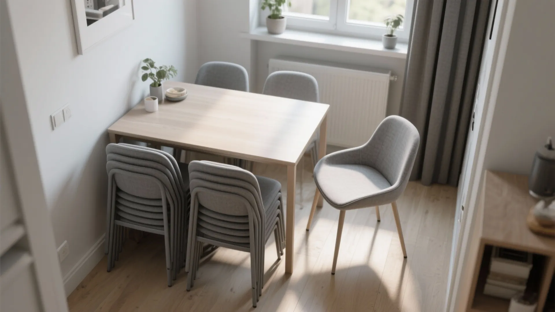 Modern dining area featuring a light wood table and several grey chairs stacked for storage