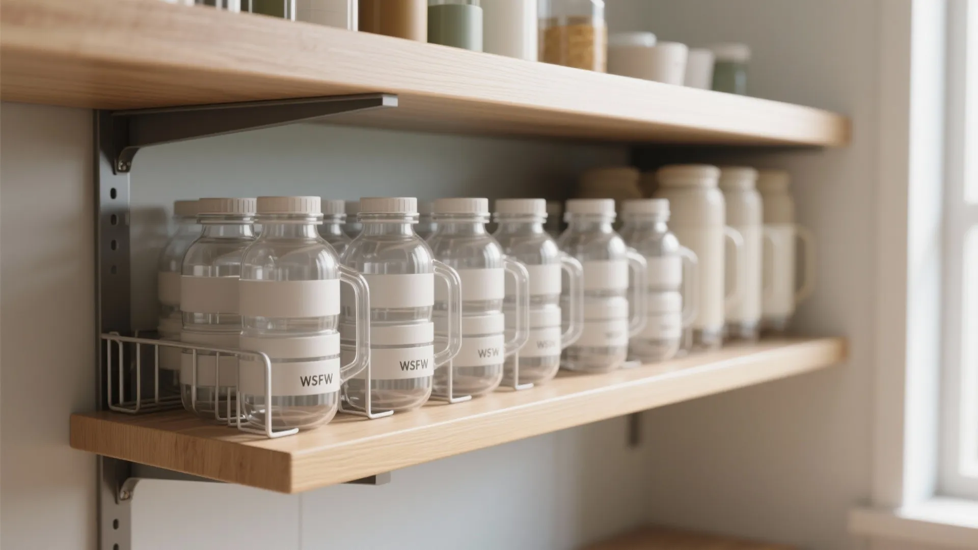 Row of clear plastic water bottles with white caps organized on a light wood shelf