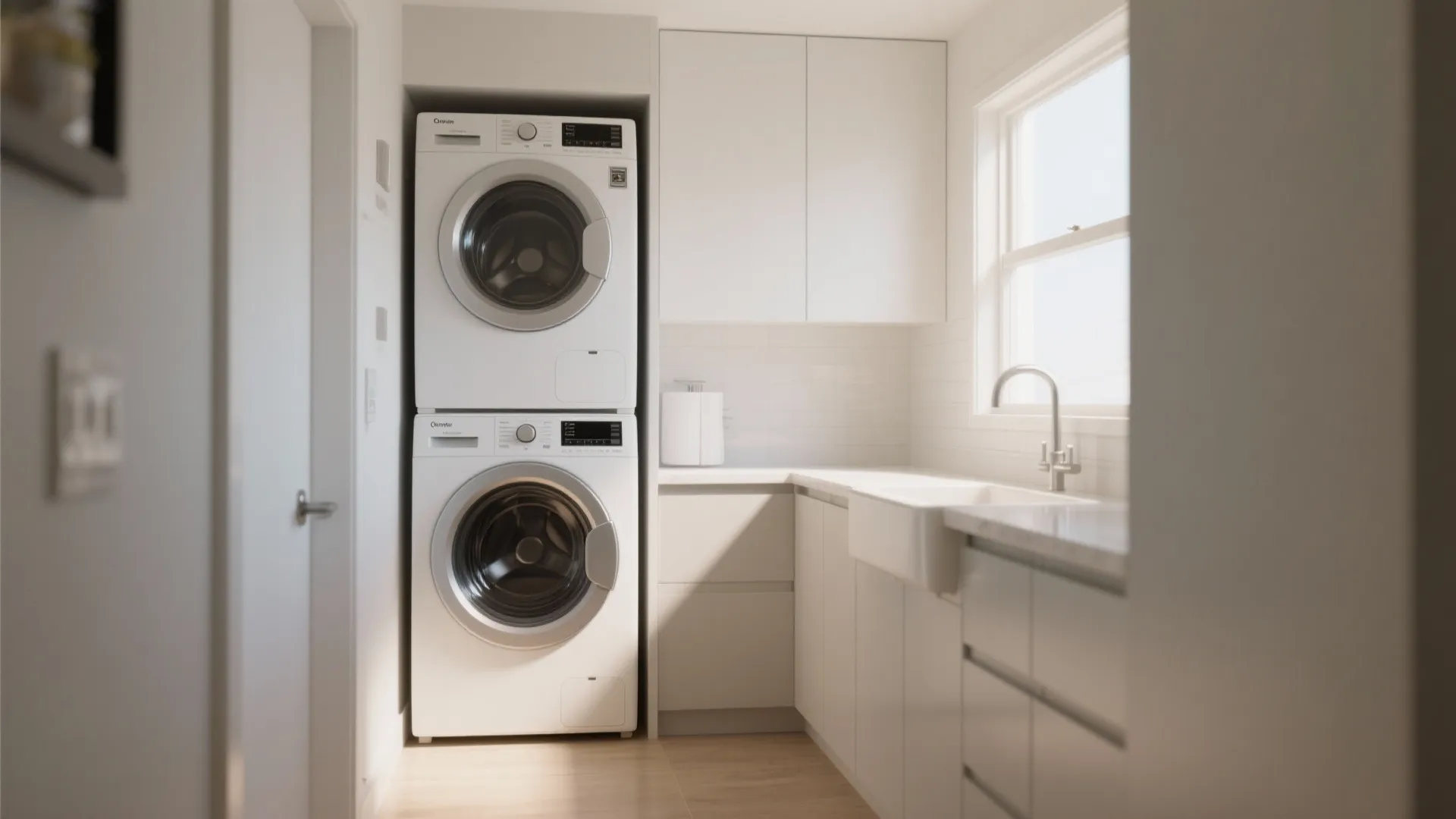 Stacked white washing machine and dryer in laundry room with white cabinets and bright window