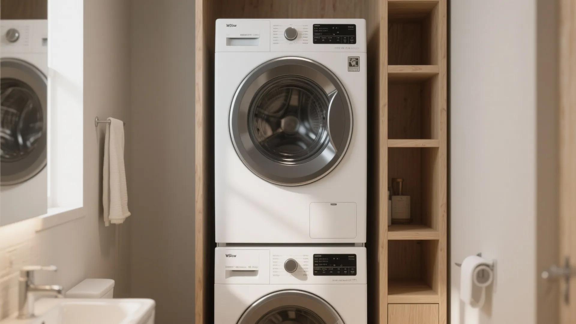 Stacked white washing machine and dryer placed in a tall wood cabinet next to bathroom