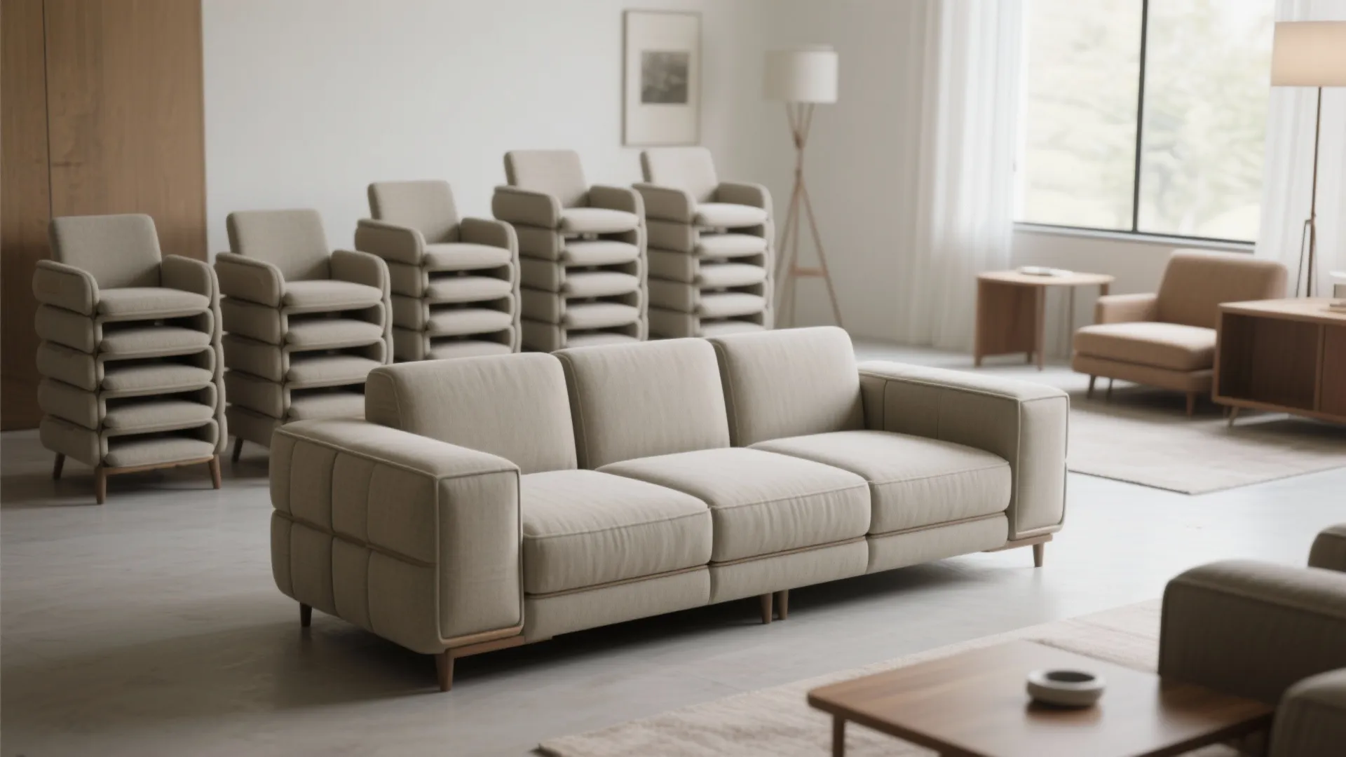 Modular stackable chairs rearranged into a chaise and individual seats in a multi-use room.