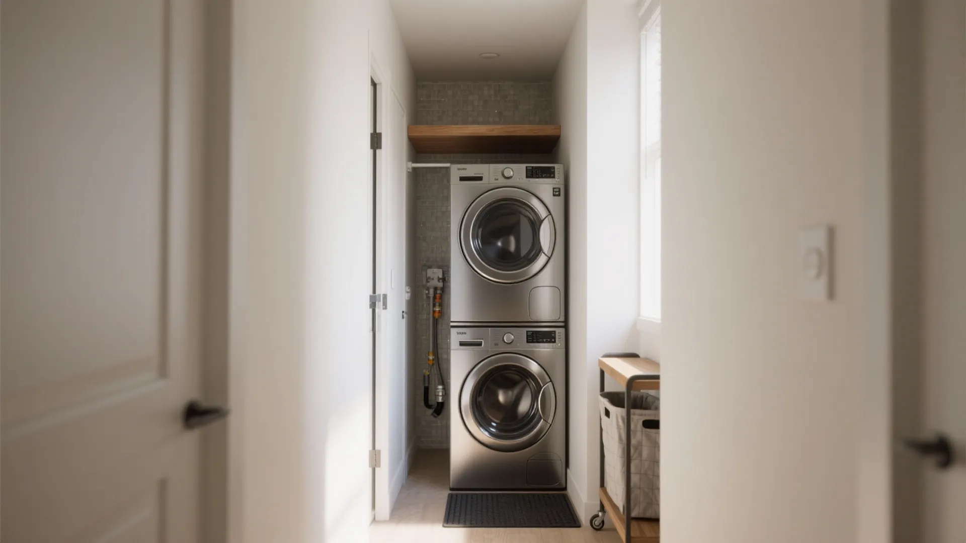 Slim stackable washer and dryer tucked in a shallow closet with bifold doors and a narrow rolling cart