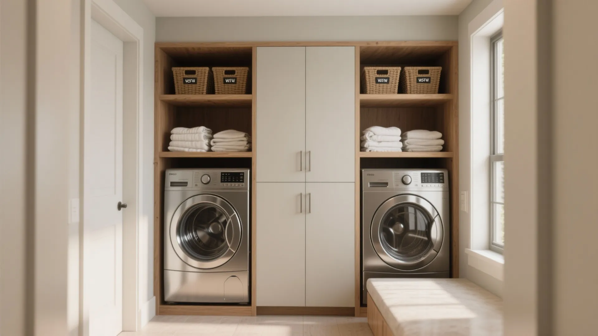 1. Stackable Washer-Dryer Nook with Built-in Shelves