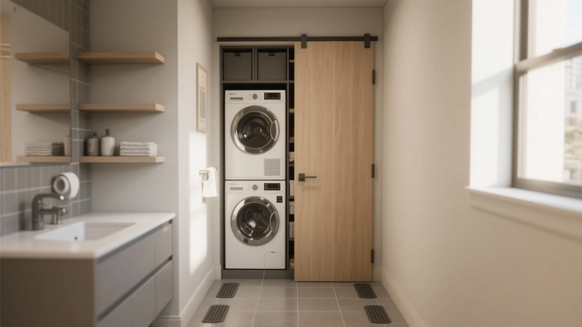 1. Stackable Washer-Dryer Behind a Pocket Door
