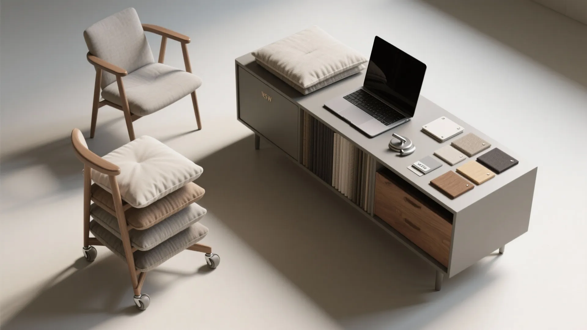 4. Multi-use furniture: stackable chairs and a rolling credenza