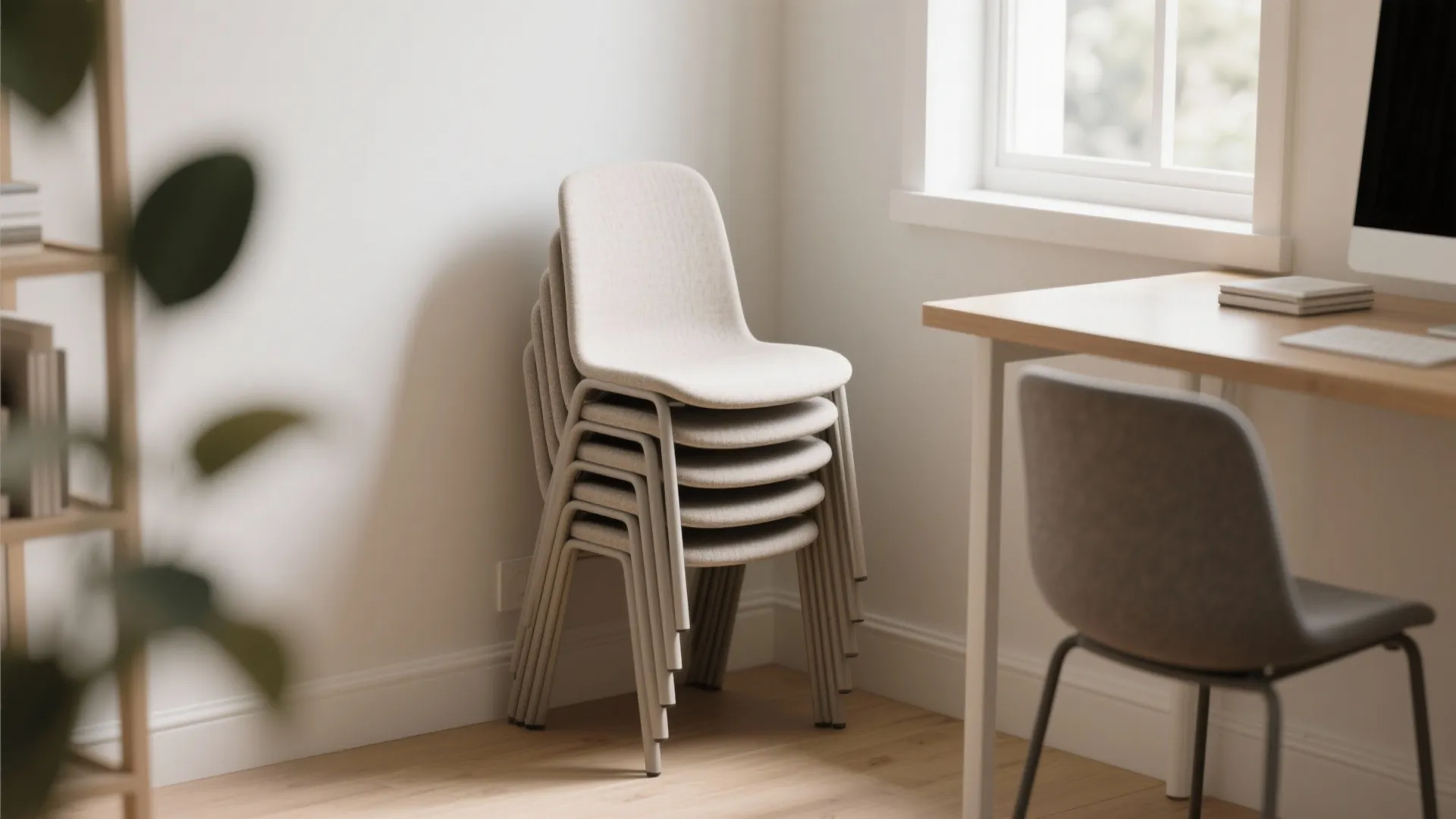 Modern stackable chairs stored neatly in a small office