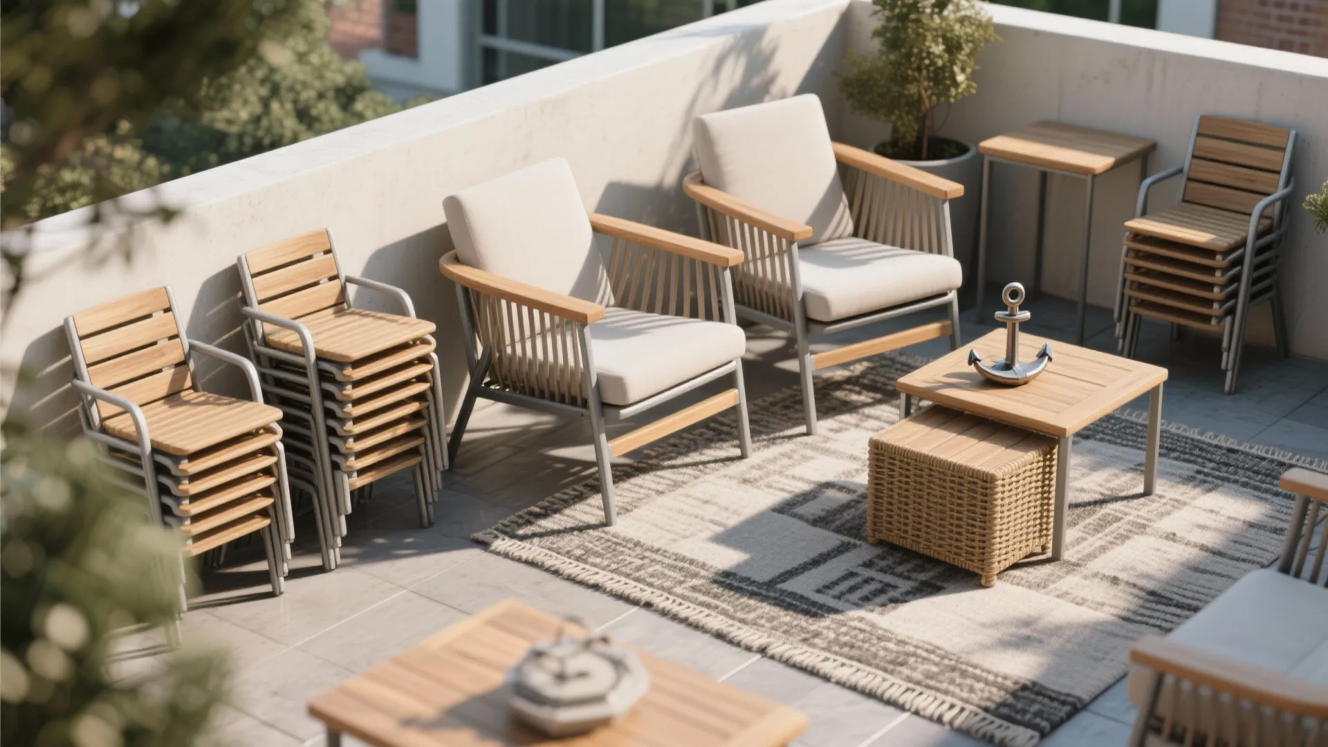 Modern rooftop terrace featuring grey armchairs with white cushions wooden tables and stacked chairs rug