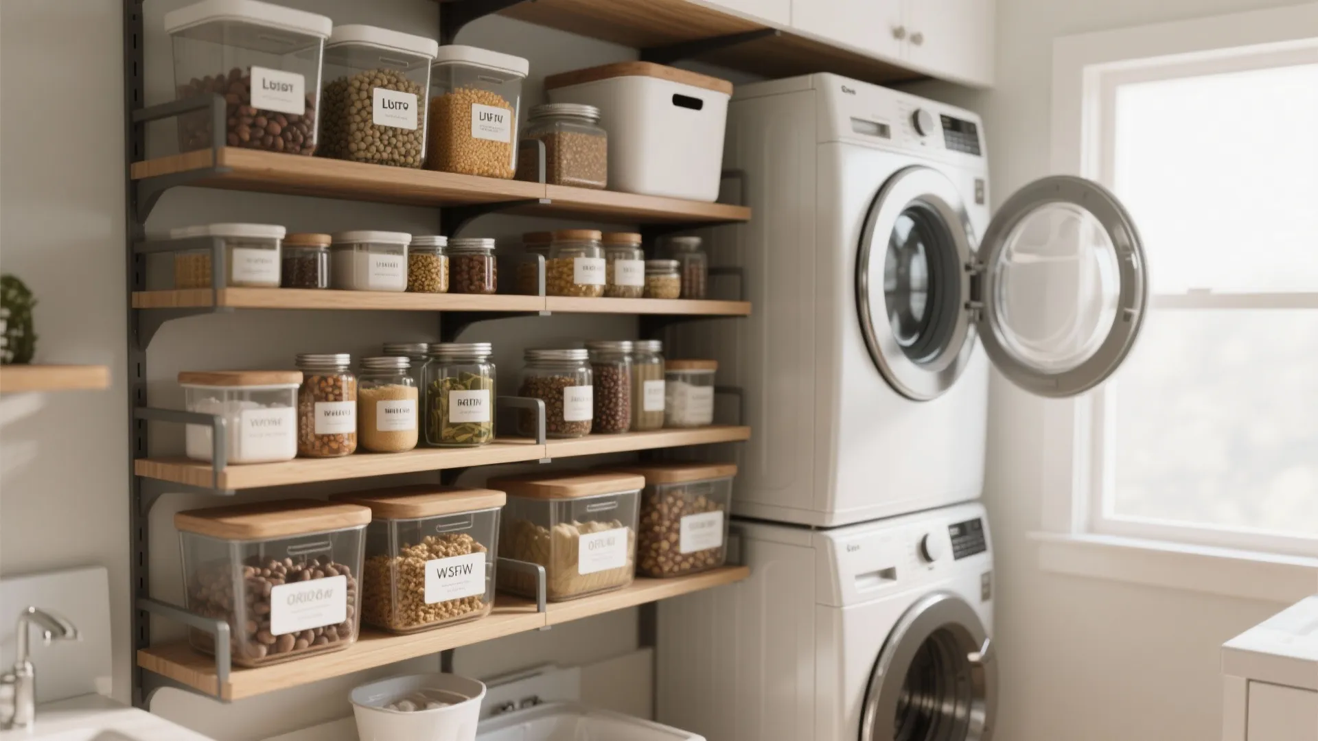 5. Stackable open shelving with a top pantry bin