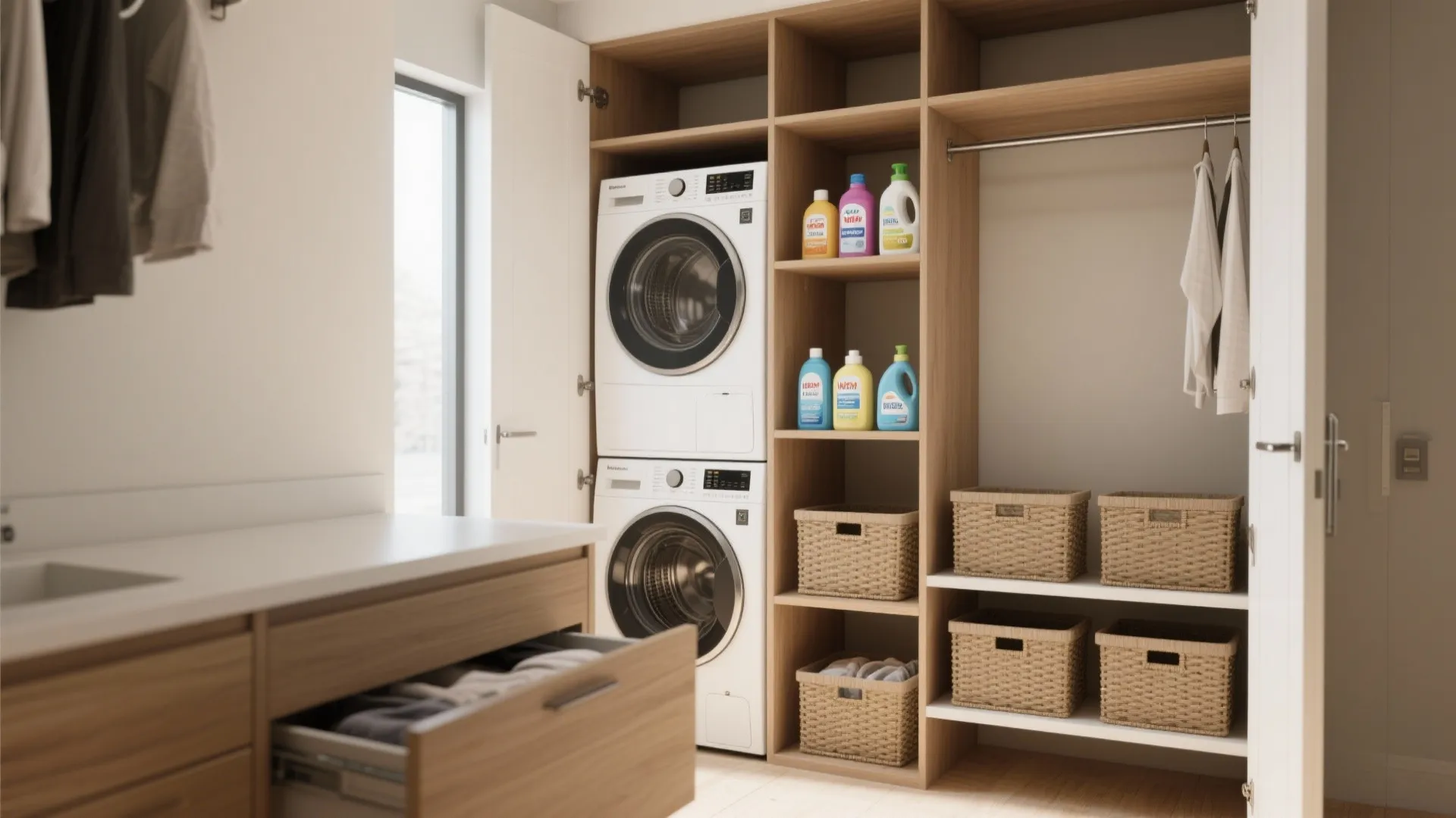 1. Stackable Washer-Dryer + Pull-Out Shelves
