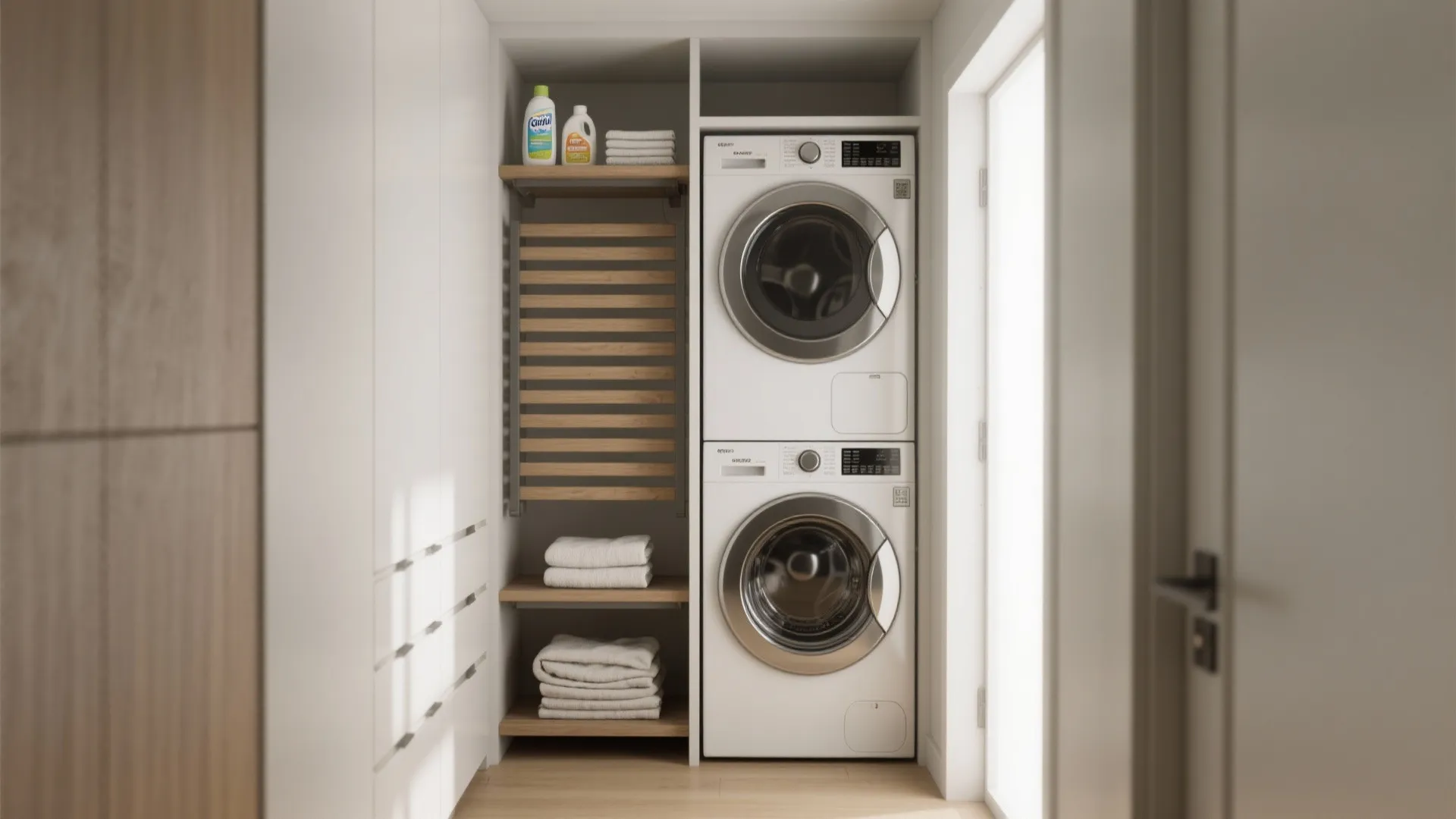 3. Stackable washer with shelving above