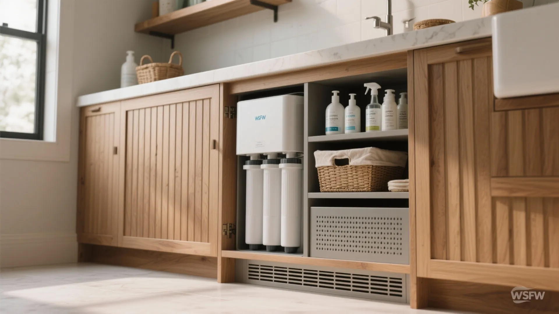 2. Stackable softener + storage cabinet