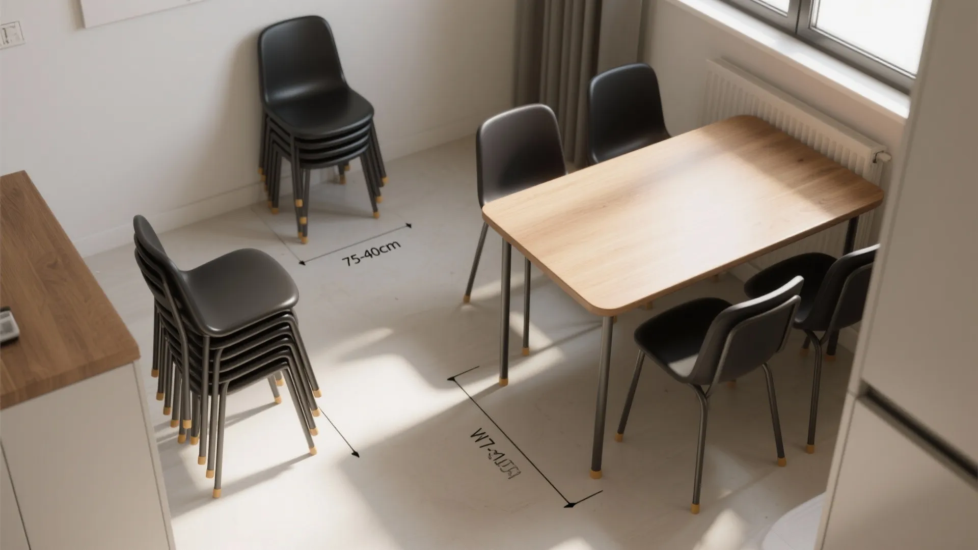 Dining room layout with wooden table and black stackable chairs showing space saving floor dimensions