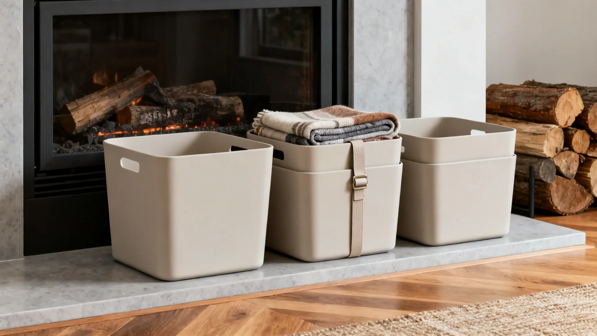 Stackable square baskets neatly arranged by a modern fireplace for modular blanket storage.