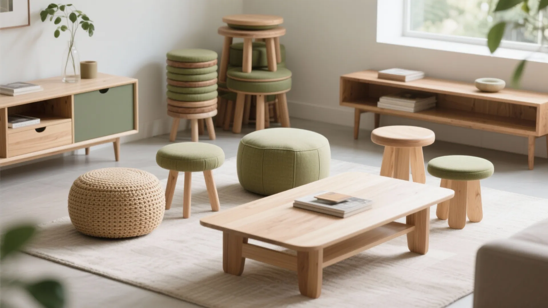 Minimalist living room display with wooden coffee table surrounded by green stools and round footrests