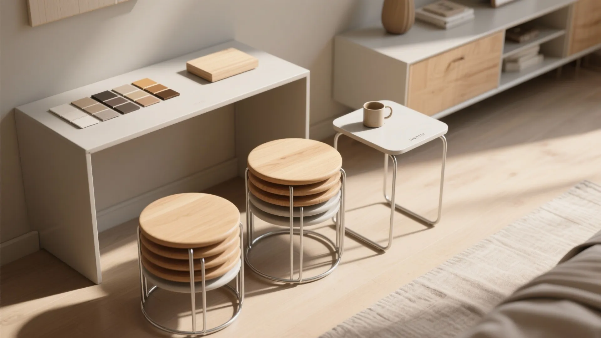 Modern interior space with stackable wooden stools placed beside a white desk and storage cabinet