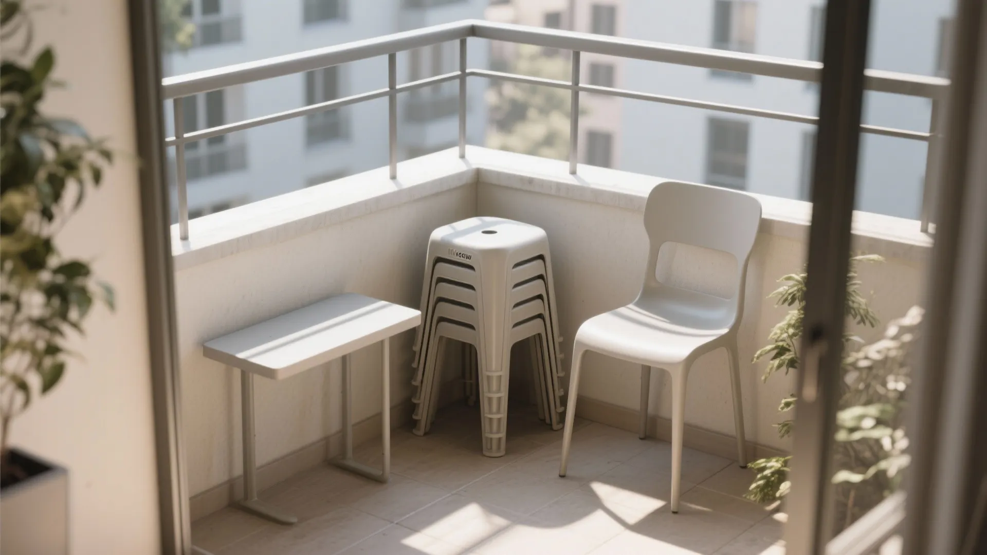 Corner of a balcony with stacked lightweight stools and a slim table, showing vertical storage solution.