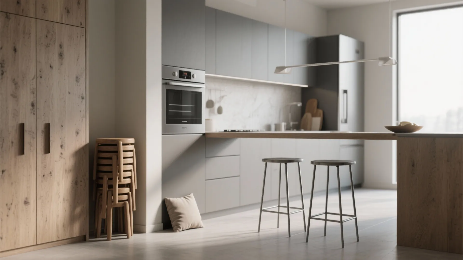 Modern kitchen with grey cabinets, wood island, tall metal stools, and stacked wooden small stools