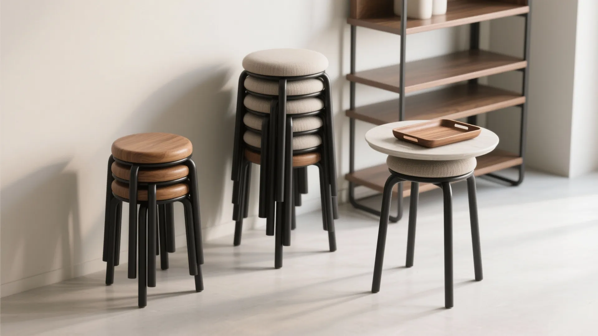 Minimalist room display with stackable wooden stools, fabric seats, black metal legs, and wooden shelf
