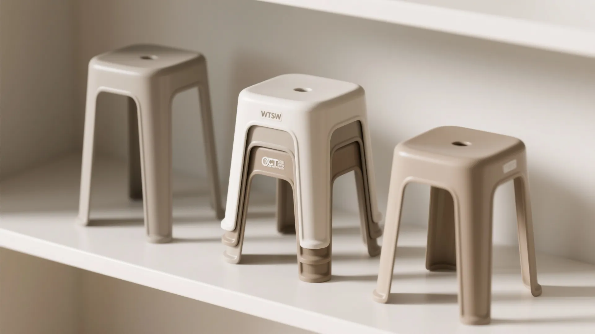 Three stackable plastic stools nested together on a shelf, neutral palette.