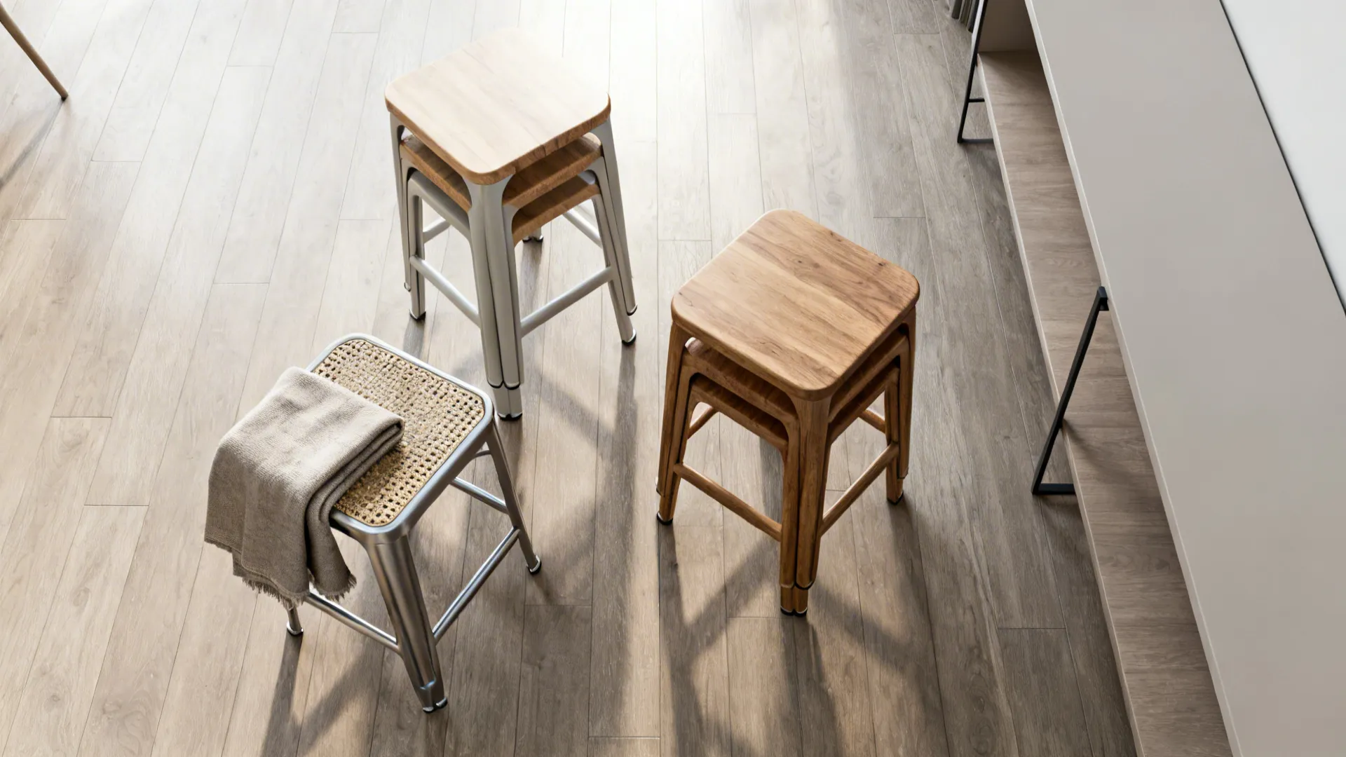 Stackable and nesting stools in mixed materials with a folded throw on a wooden floor