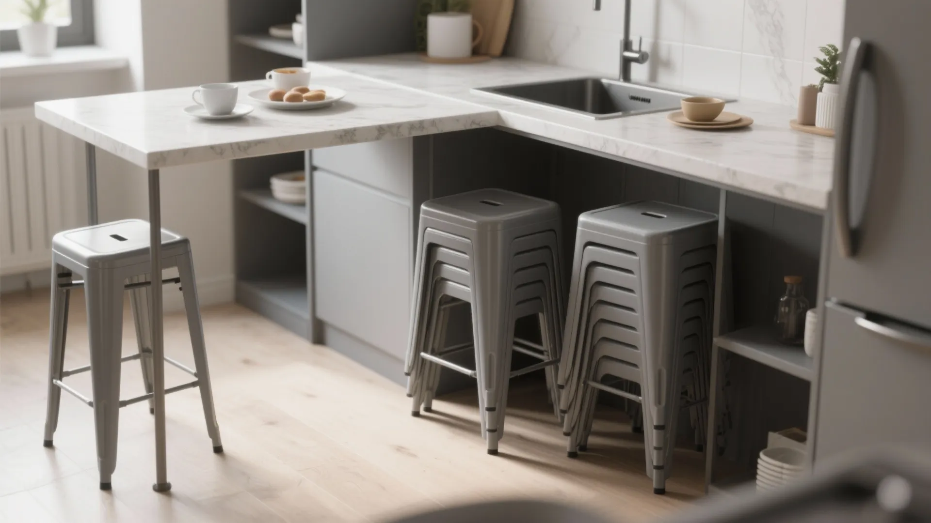 4. Stackable or foldable gray stools for flexibility