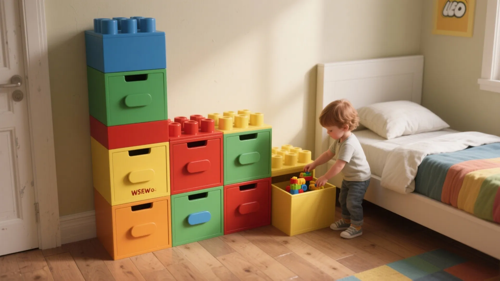 3. Stackable storage that echoes Lego bricks