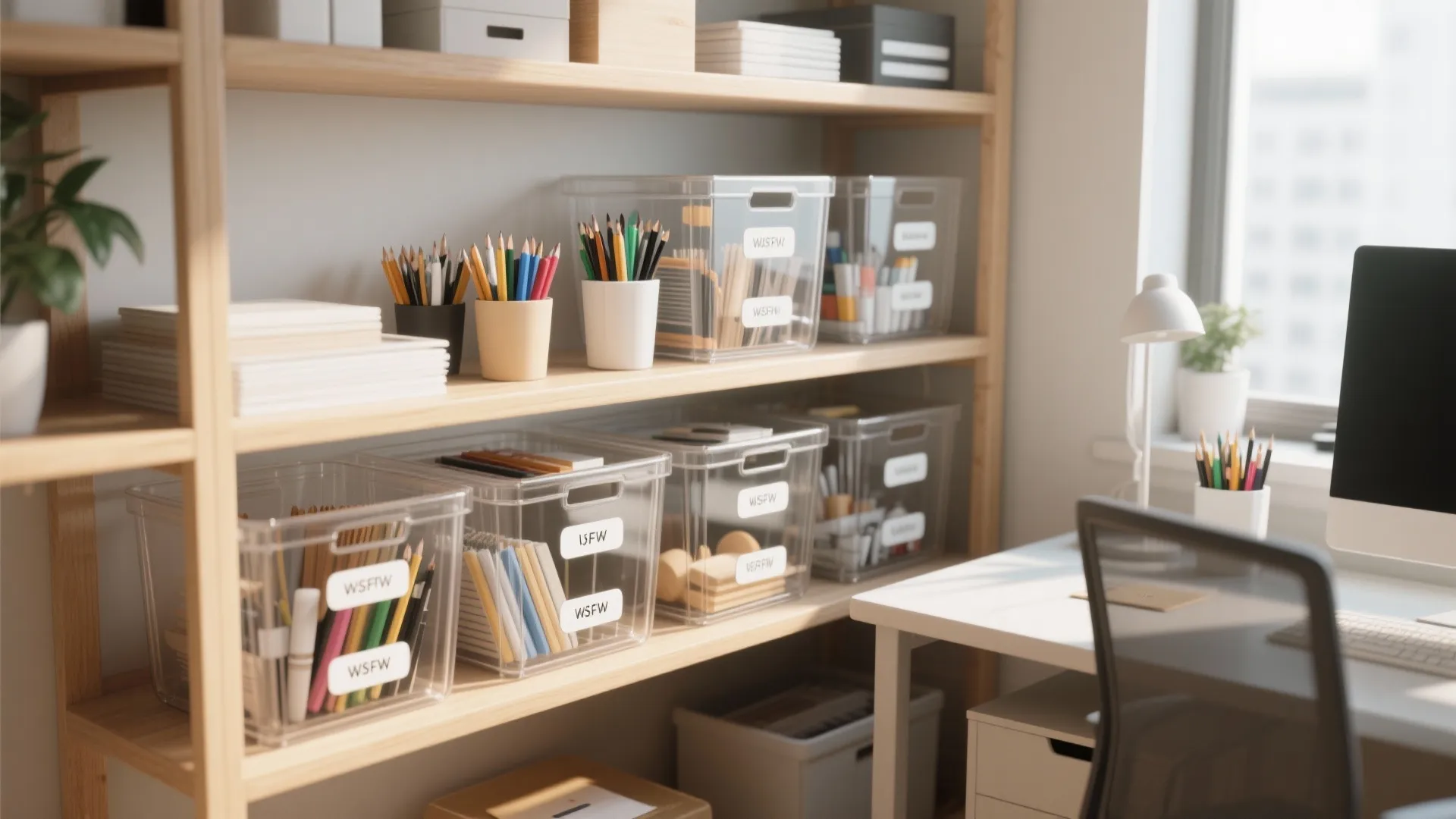 Wooden shelf with clear plastic storage bins containing pens and office supplies near a desk