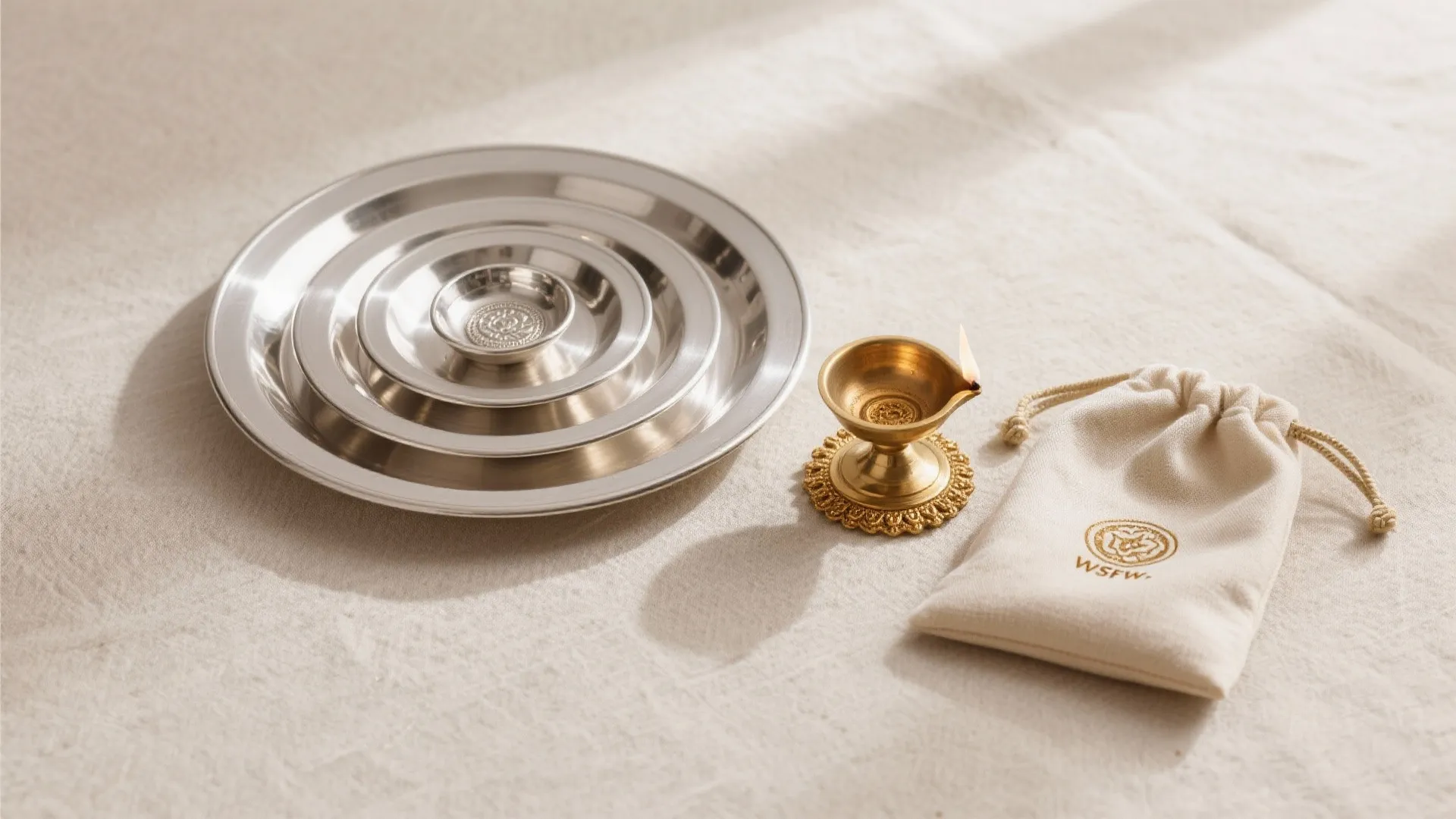 Silver metal plates stacked together next to a brass oil lamp and white small bag
