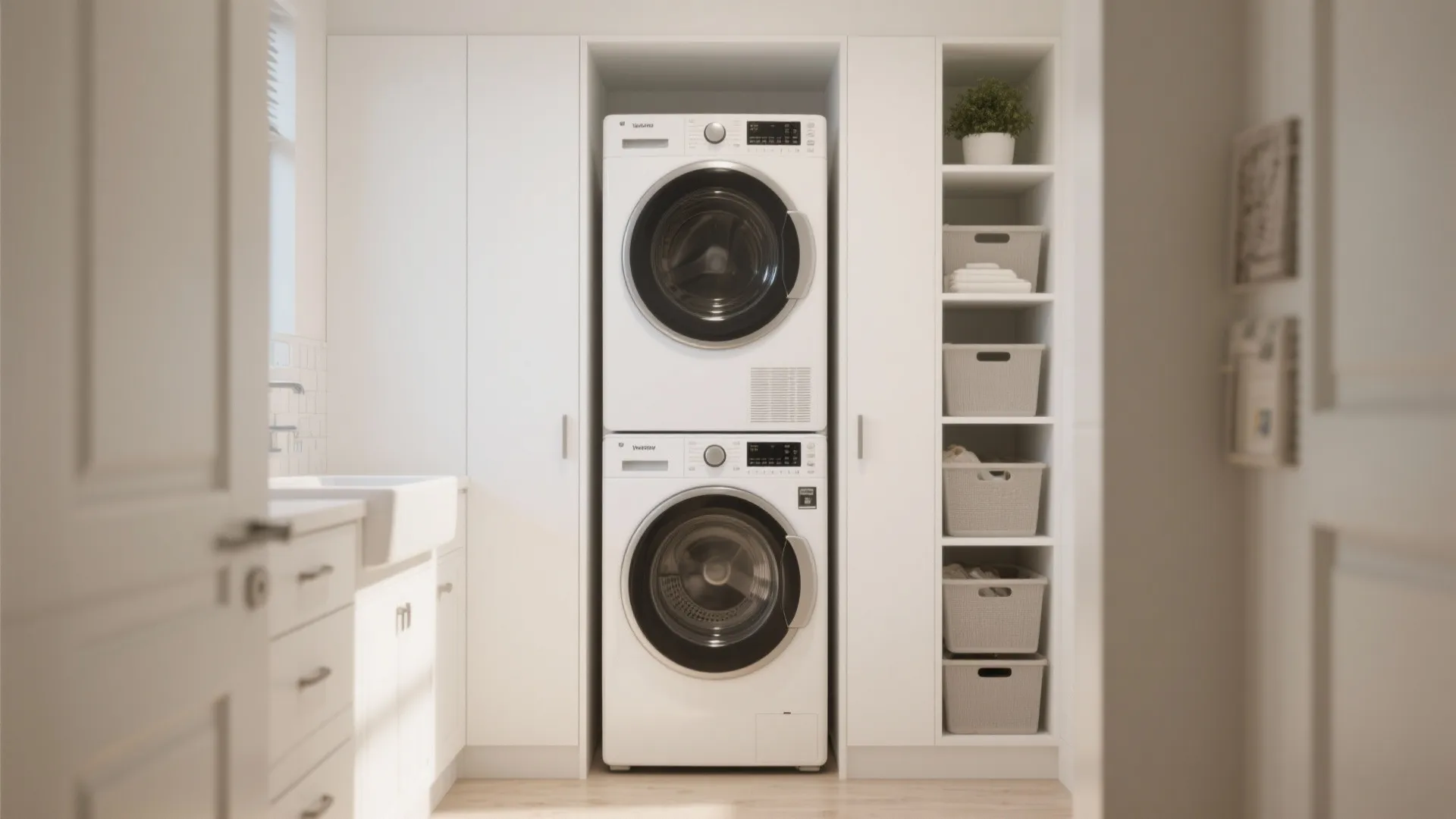 Bright laundry room design with stacked white washing machine and dryer next to storage shelves