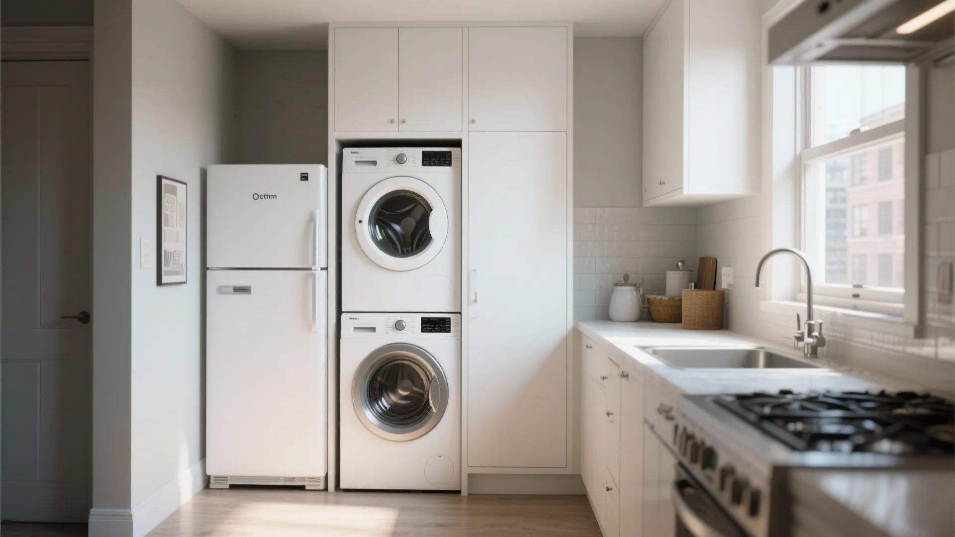 3. Compact White Stackable Laundry + Appliance Combo