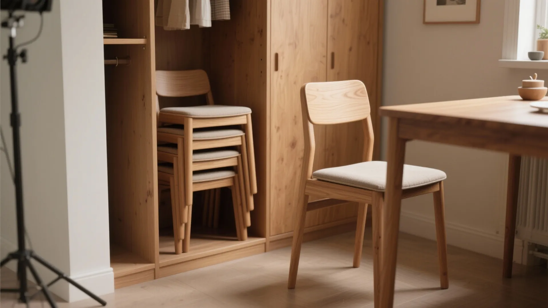 Stacked wooden chairs inside a wooden cabinet next to a single chair and dining table