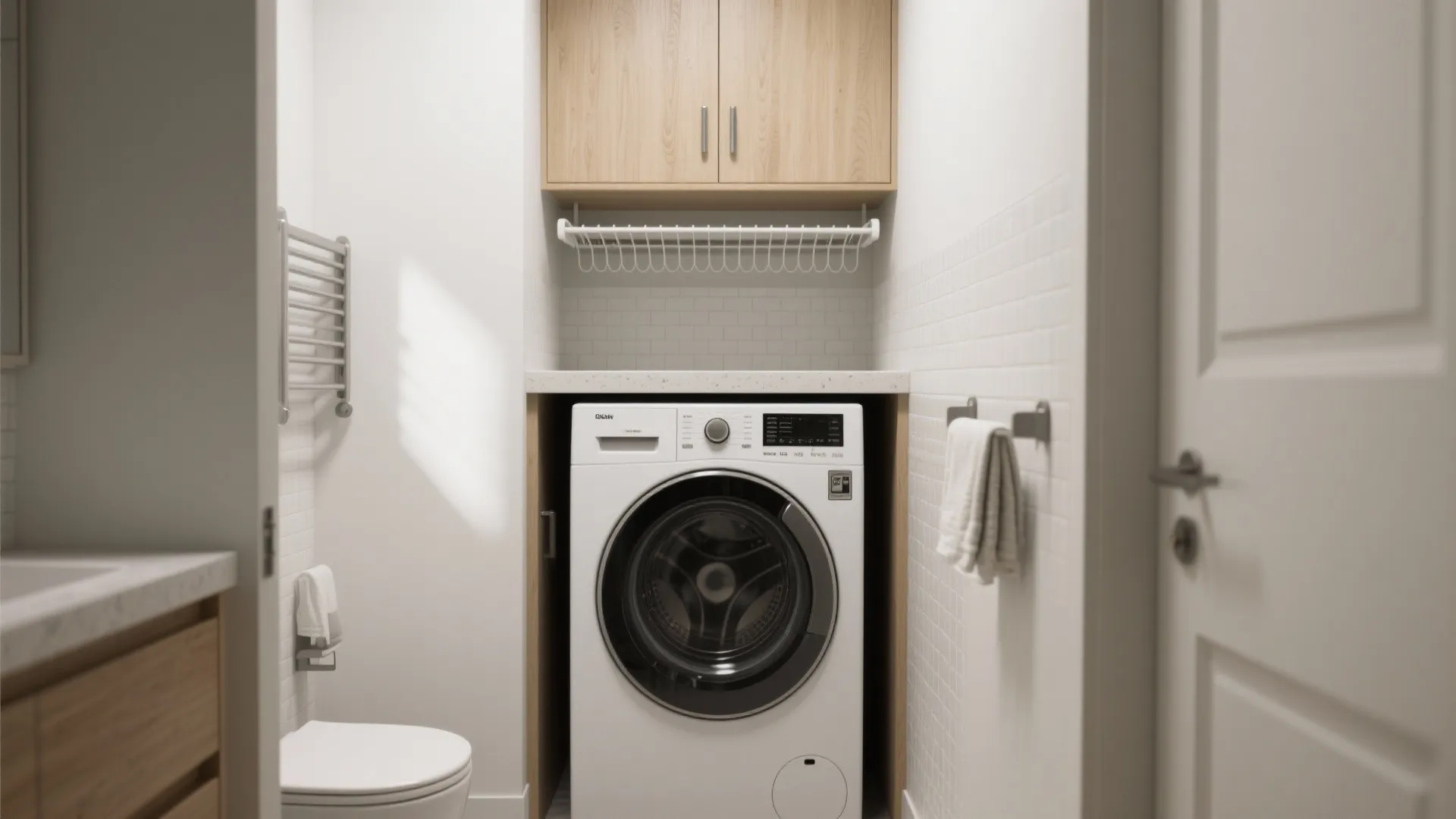 3. Stacked laundry alcove with a folding counter