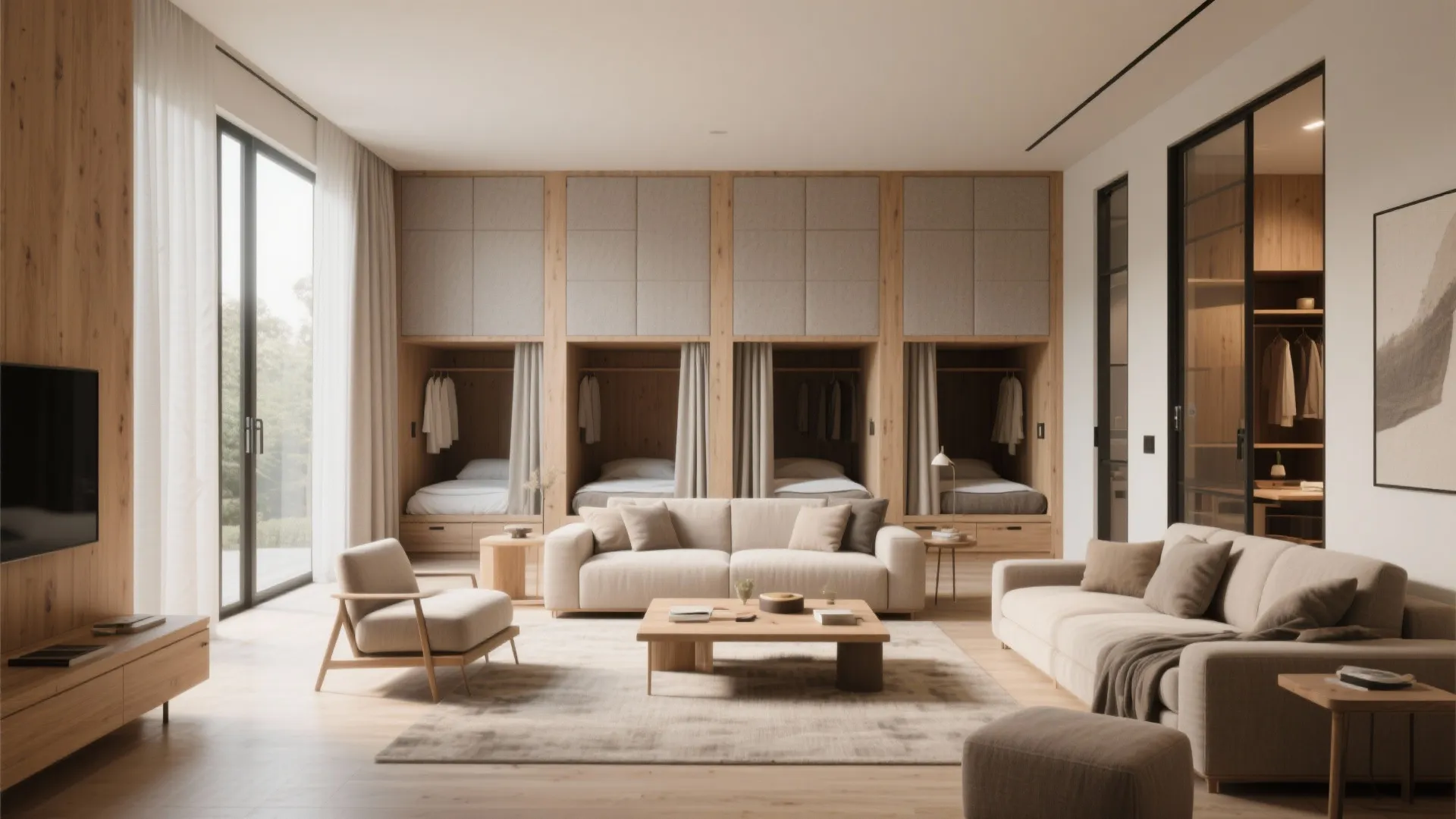 1. Stacked sleeping alcoves with shared living core