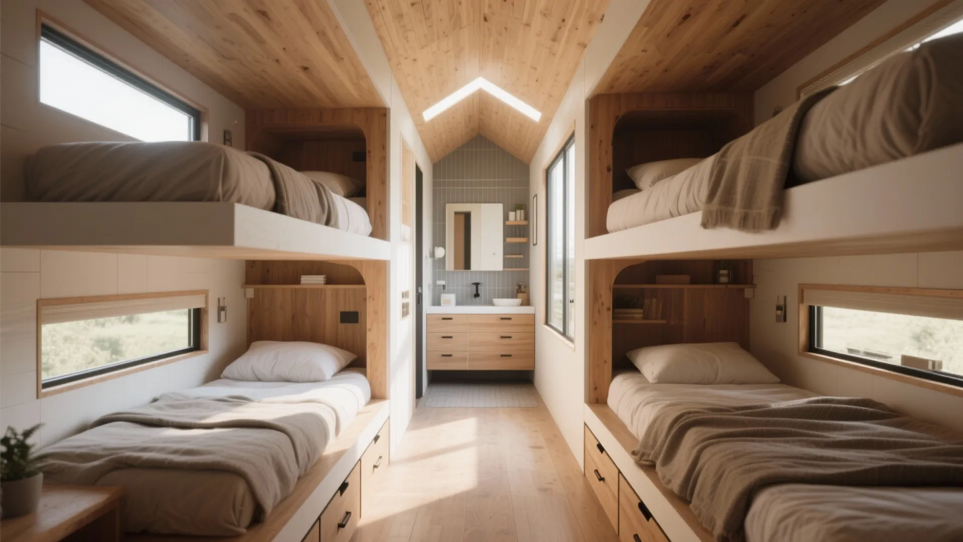 Modern tiny house bedroom with wooden bunk beds and small bathroom vanity at the end