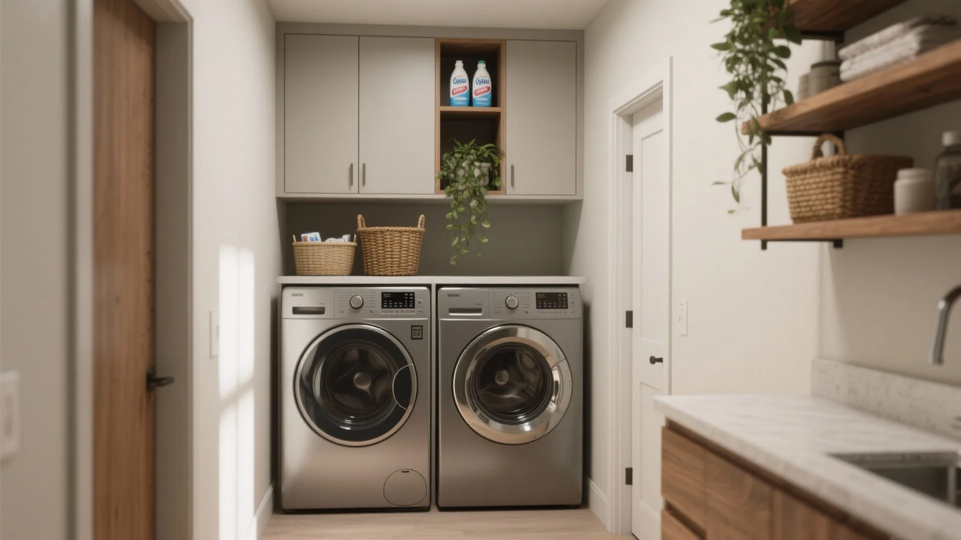 Modern laundry room featuring side by side washing machine and dryer under grey storage cabinets
