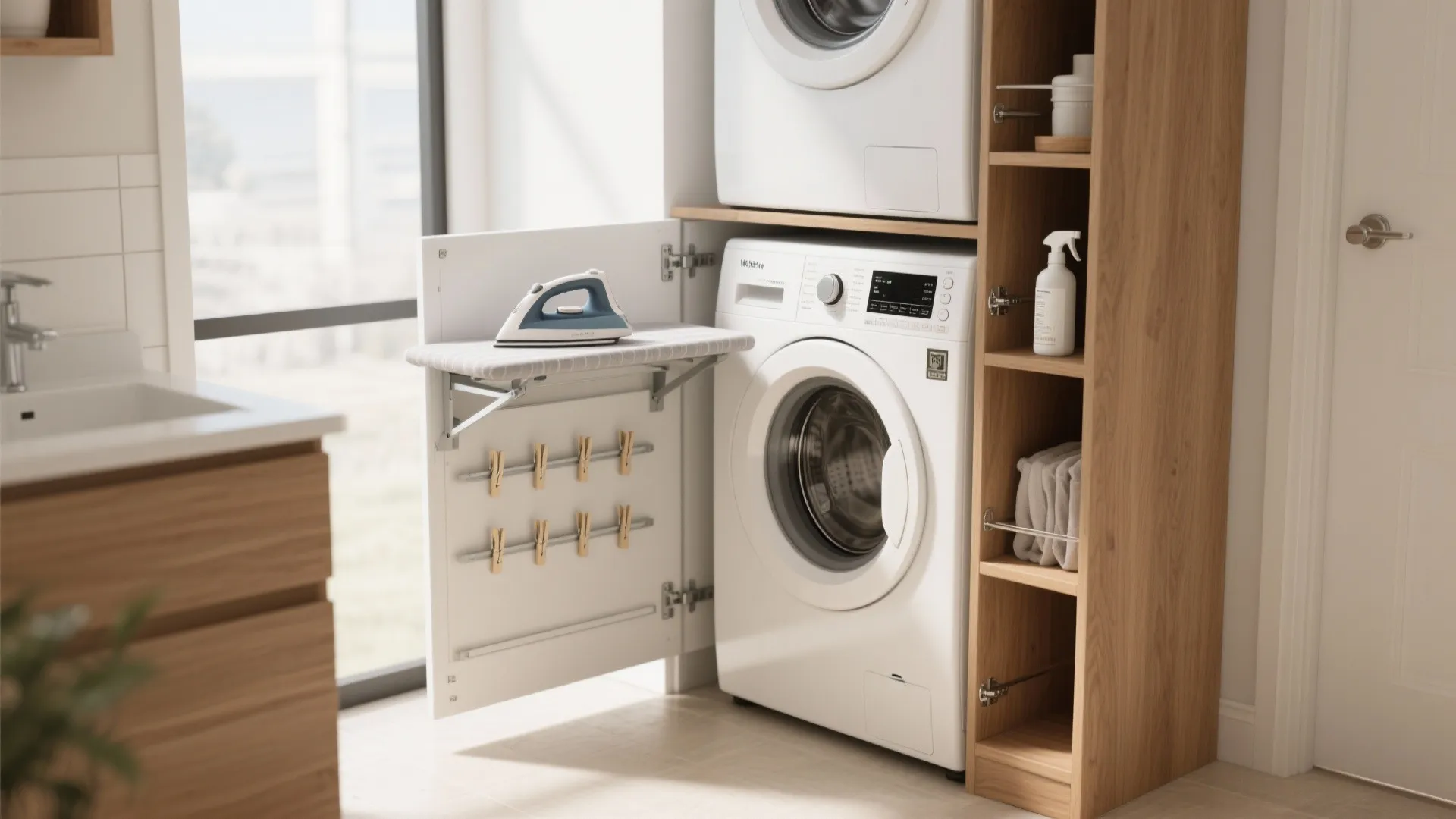 Stacked washer and dryer with a slim pull-out utility tower holding an ironing board and cleaning supplies.