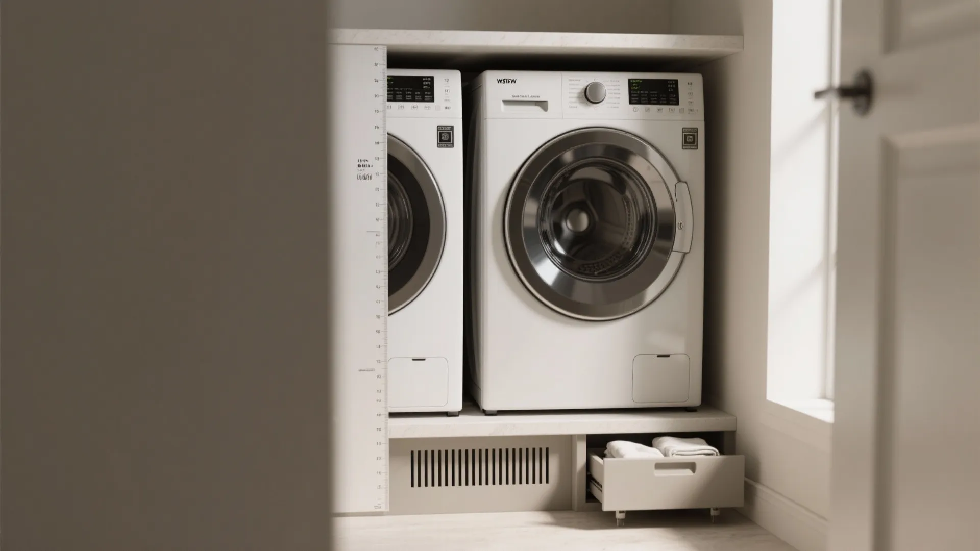 Modern laundry area with two washing machines under a counter and a small storage drawer
