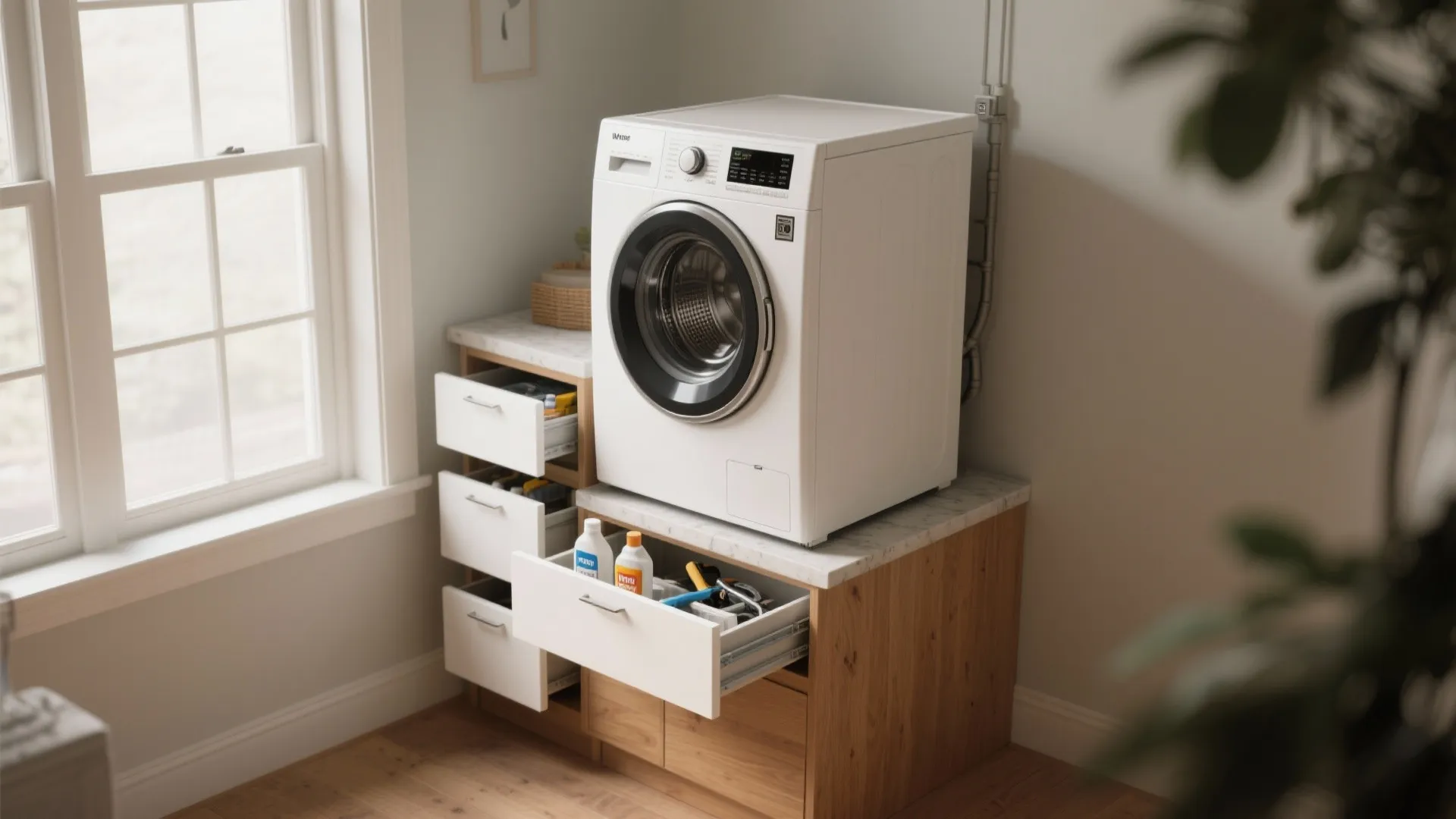 Stacked washer and dryer on a pedestal with integrated drawers for storage