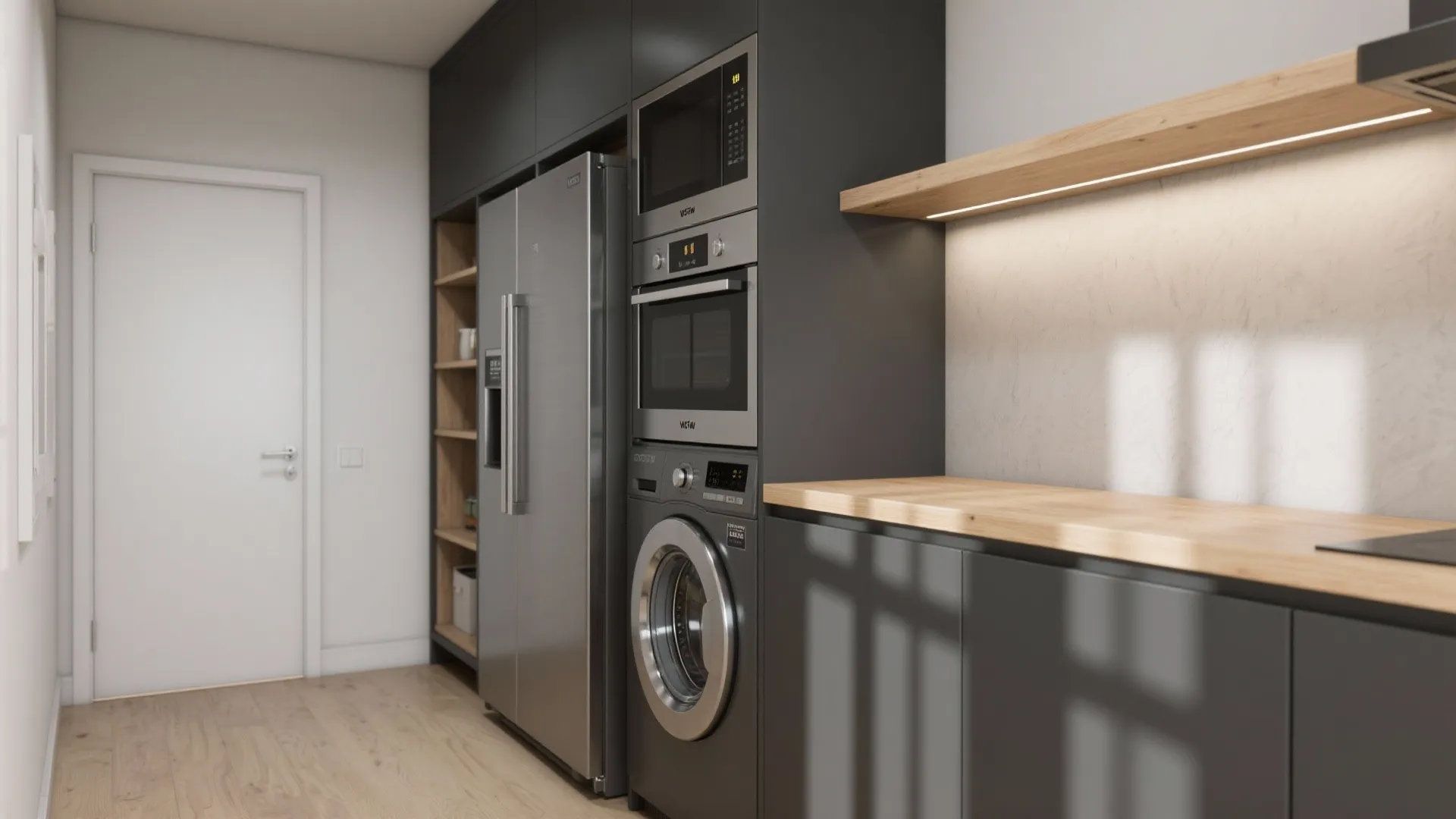 Stacked appliances and tall cabinetry