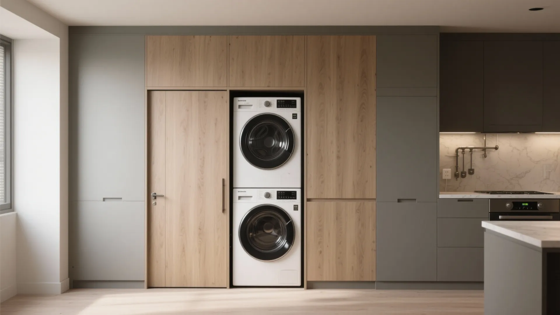 Modern laundry area with stacked white washing machine and dryer integrated into wood storage wall cabinet