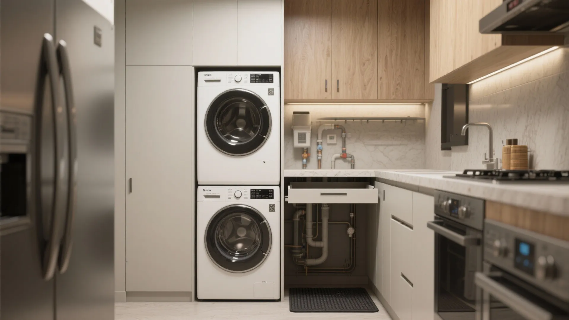 Stacked white washing machine and dryer inside a tall white cabinet next to exposed pipes