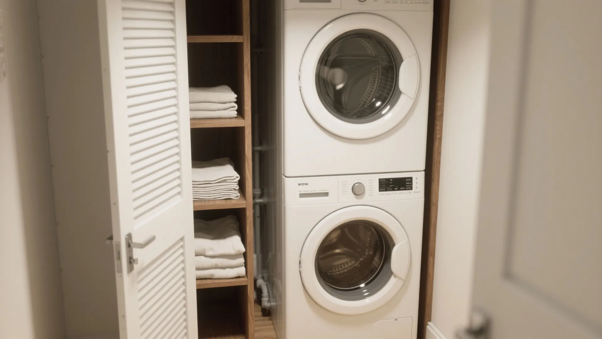 A white stacked washing machine and dryer inside a small closet with wooden storage shelves