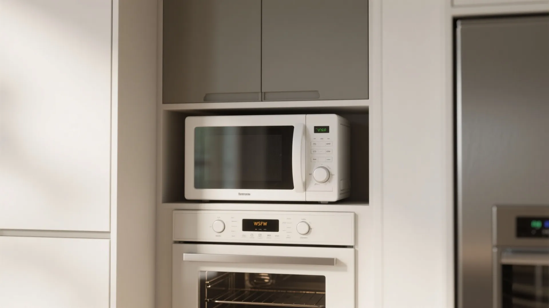 Modern kitchen built in microwave and white oven stacked neatly inside a minimalist white cabinet