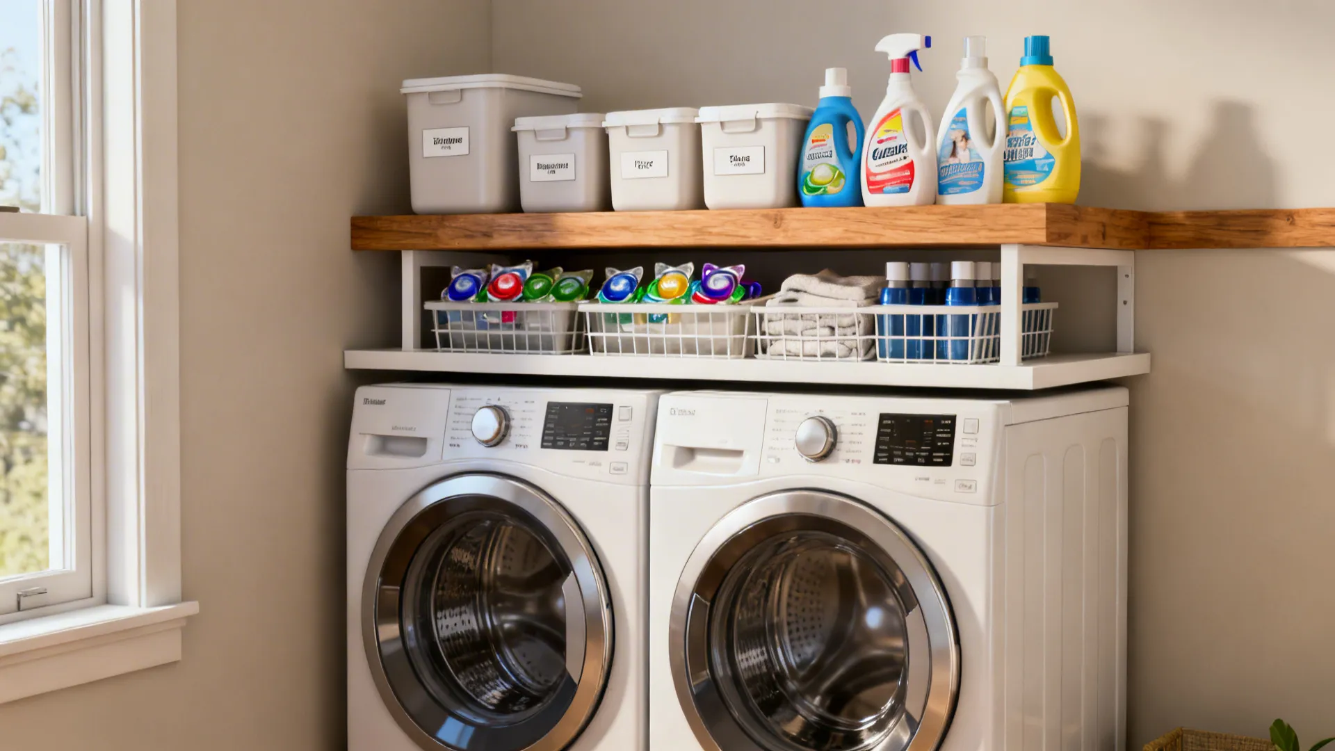 Stacked washer and dryer with a shallow shelf above holding labeled laundry containers