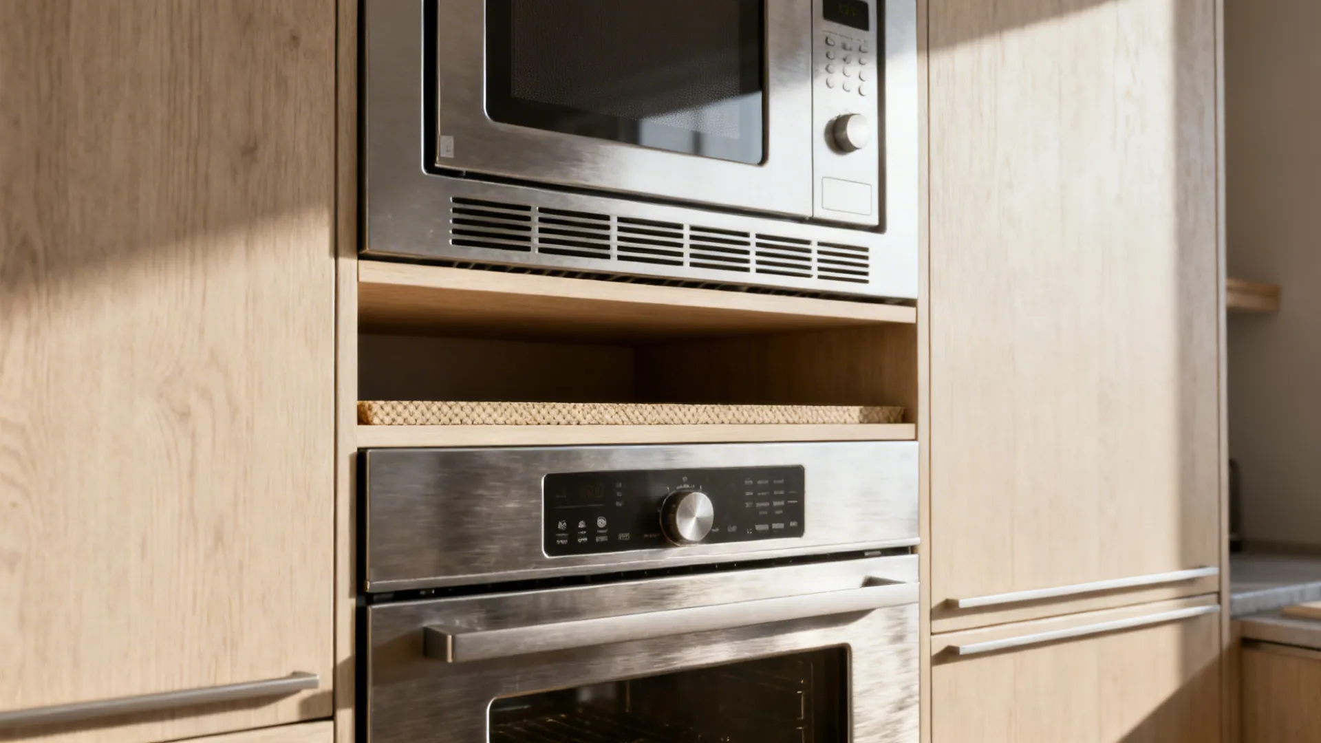 Close-up of a stainless microwave stacked over an oven in pale ash cabinetry with clean vent gaps.