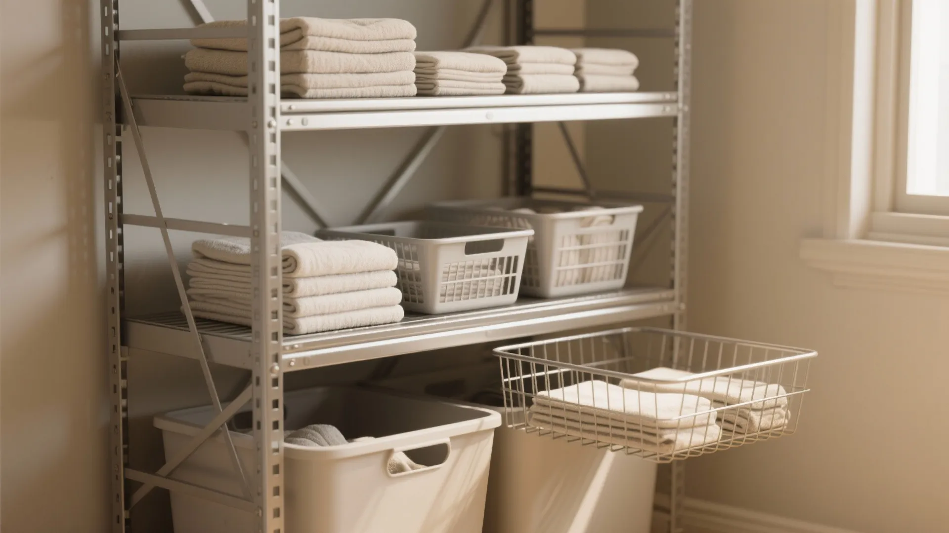 2. Stacked shelving with pull-out bins