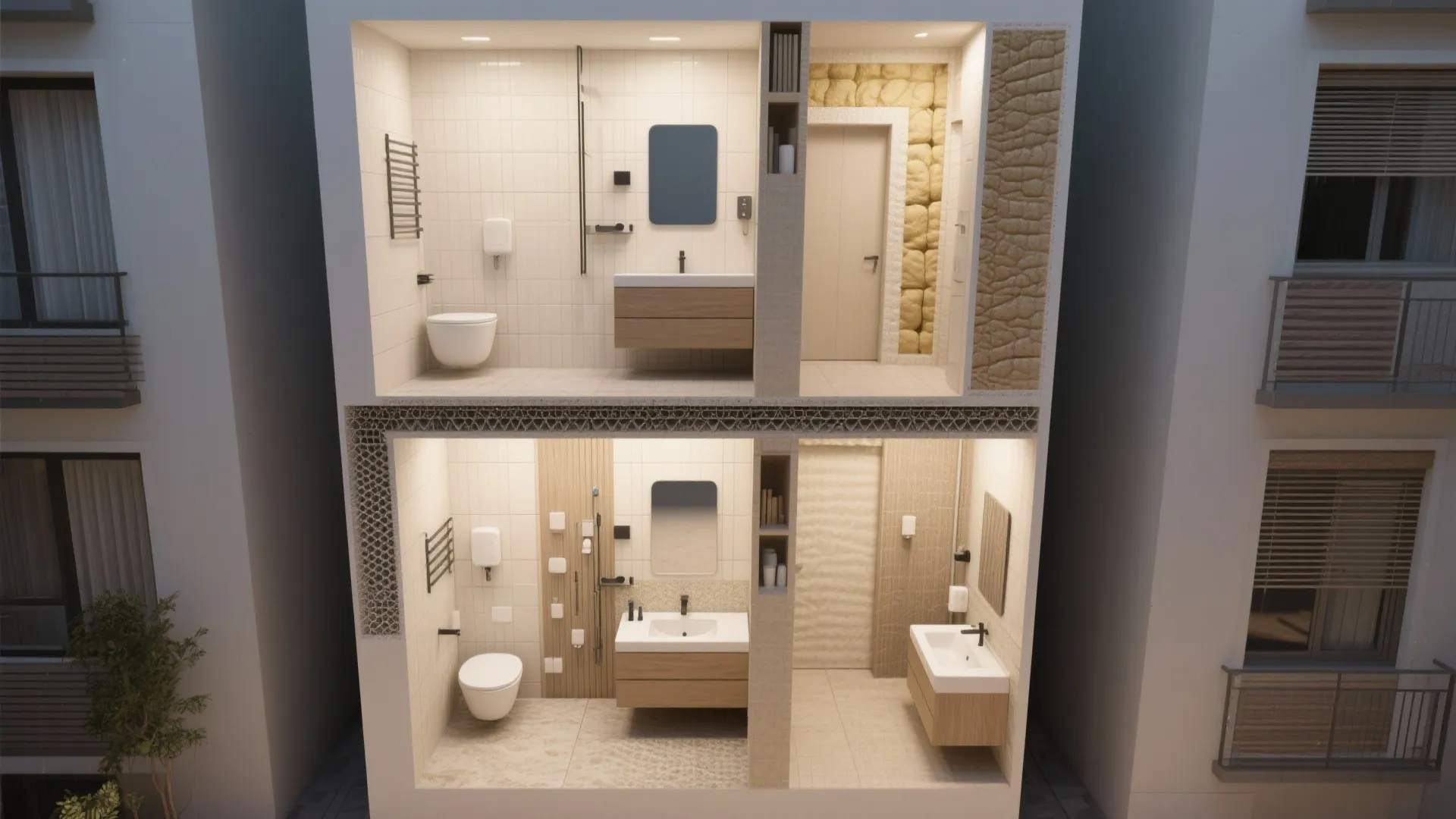 Interior design drawing showing two stacked bathrooms with white toilets wooden cabinets and small mirrors